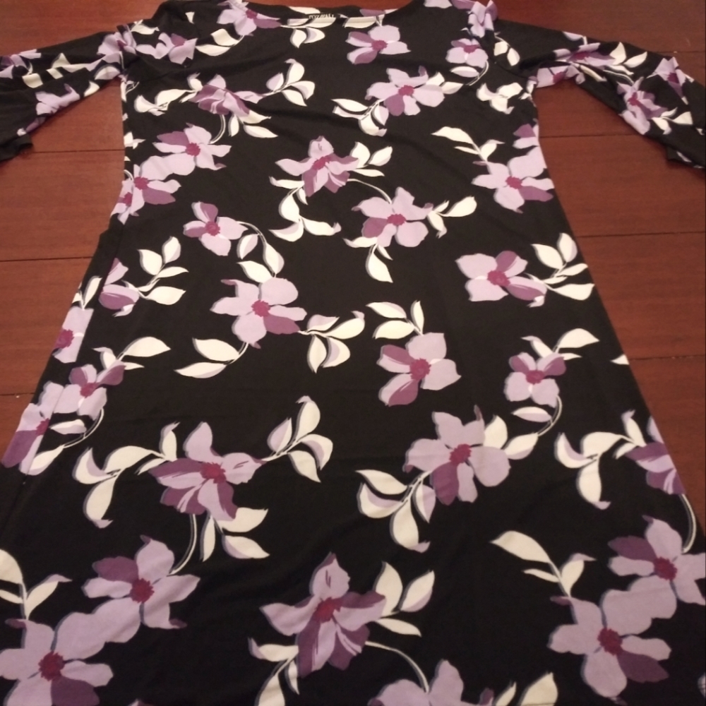 Roz & Ali Black/Purple Floral Dress Flare Sleeve Size XL Petite
